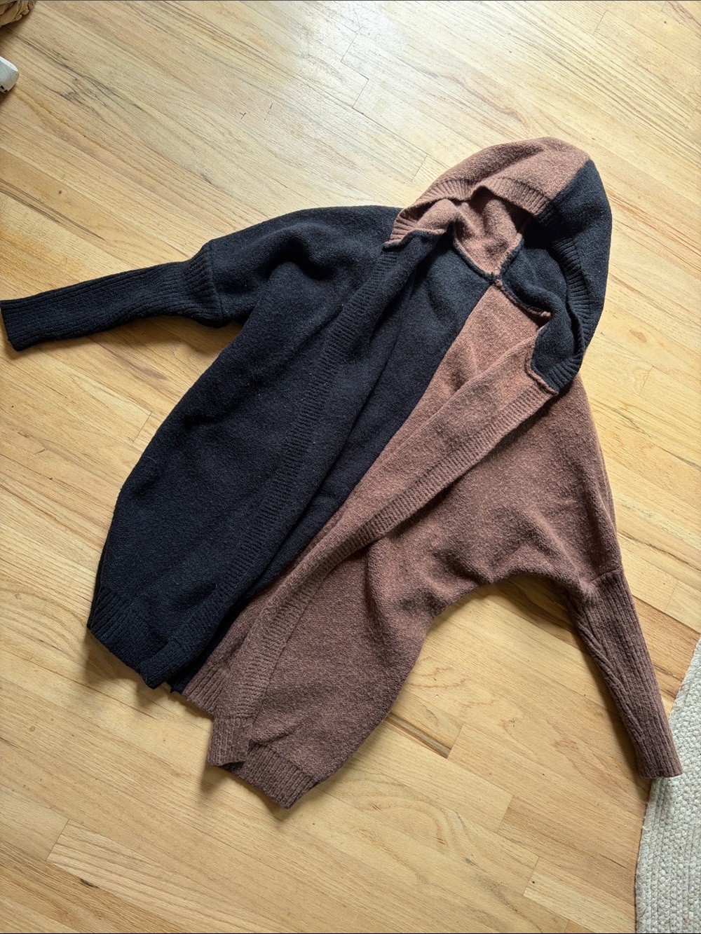 Amazon Two-Tone Hooded Open-Front Cardigan - Black & Brown